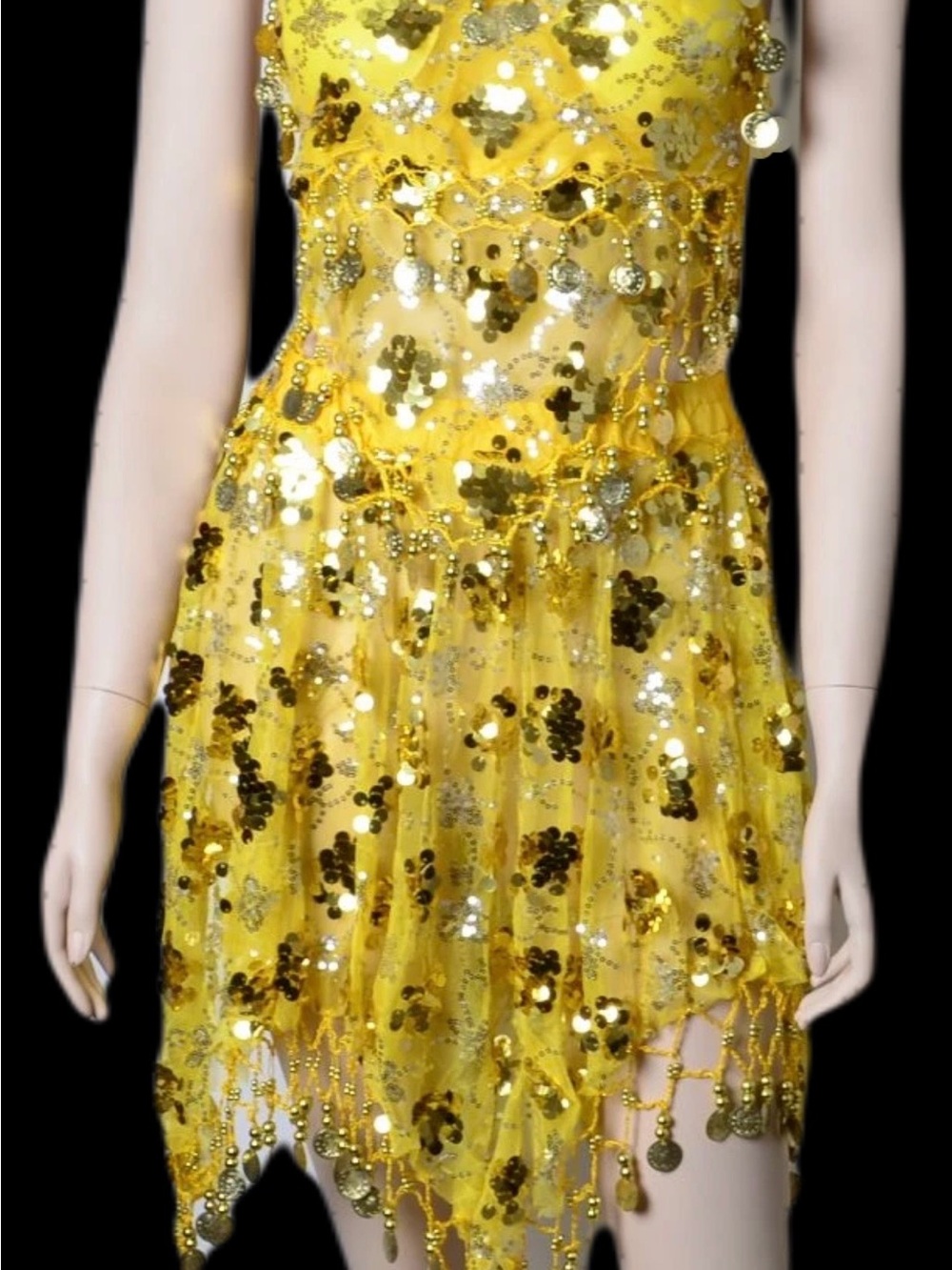 Yellow Gold Sequin Halter Dress Asymmetrical Hem